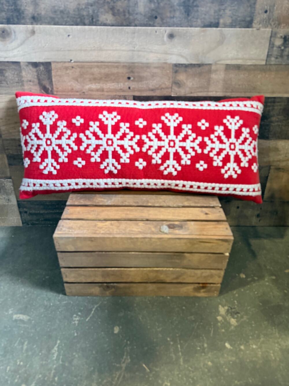 Red/White Embroidered Snowflake Lumbar Throw Pillow -Xmas Holiday Decor -28x11
